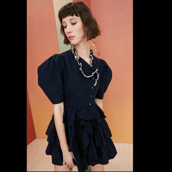 Ulla Johnson Linnea Tiered Mini Dress Black Embroidered Beaded Floral XS